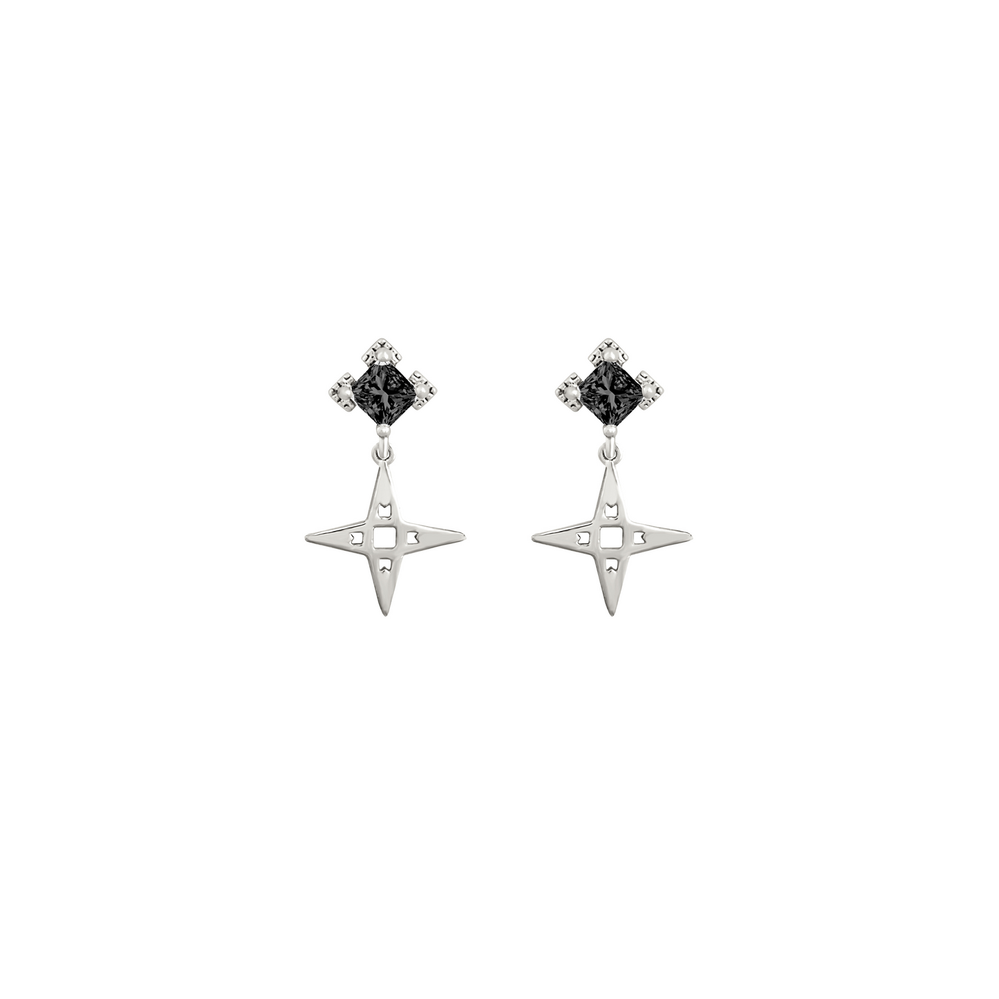 Star Stud Earrings with Black Stone| Platinum
