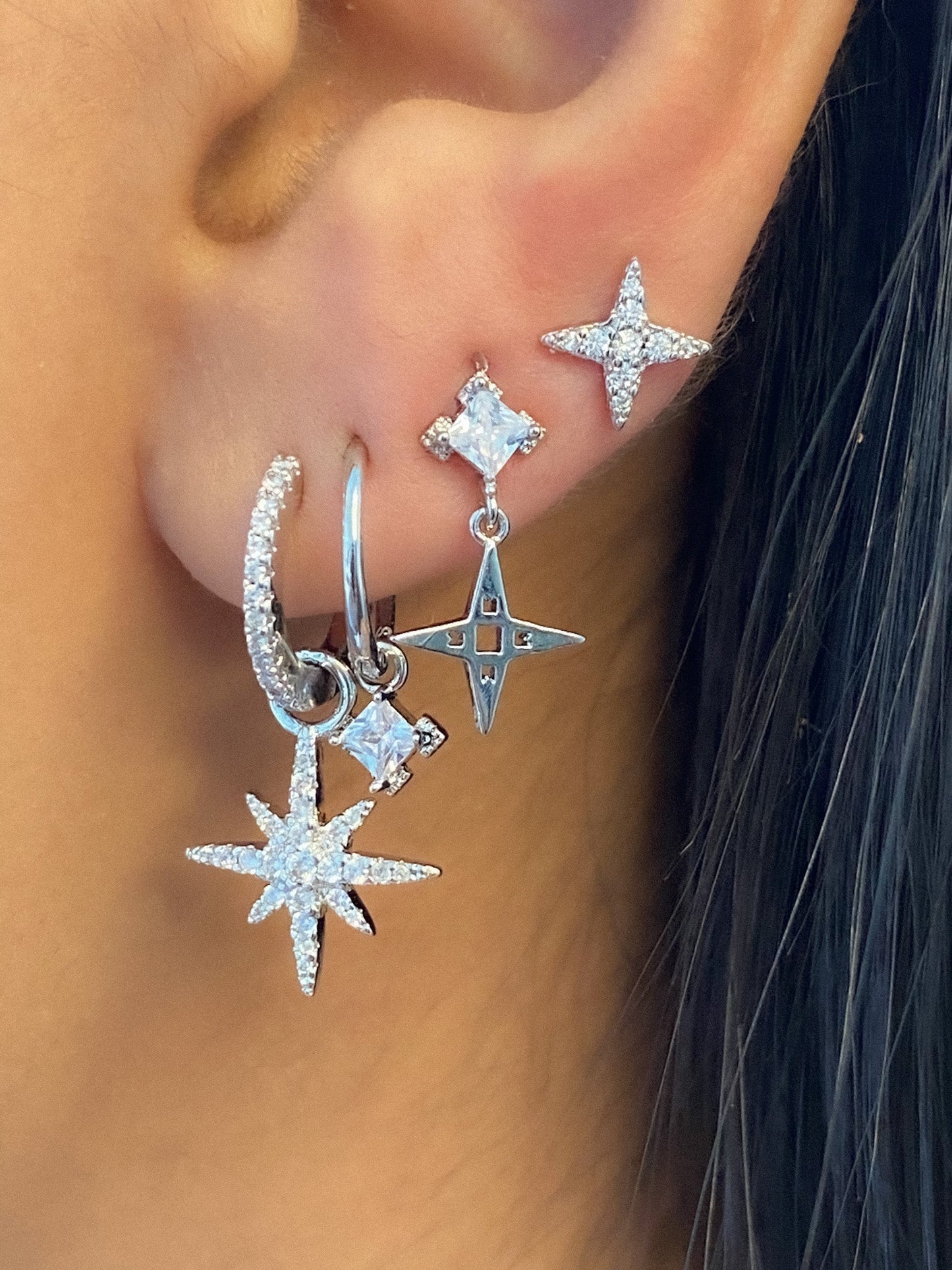 Star Stud Earrings with Black Stone| Platinum