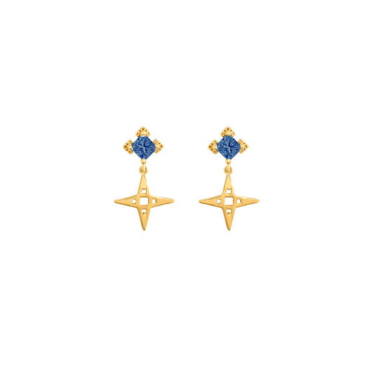 Star Stud Earrings with Sapphire Blue Stone| Gold